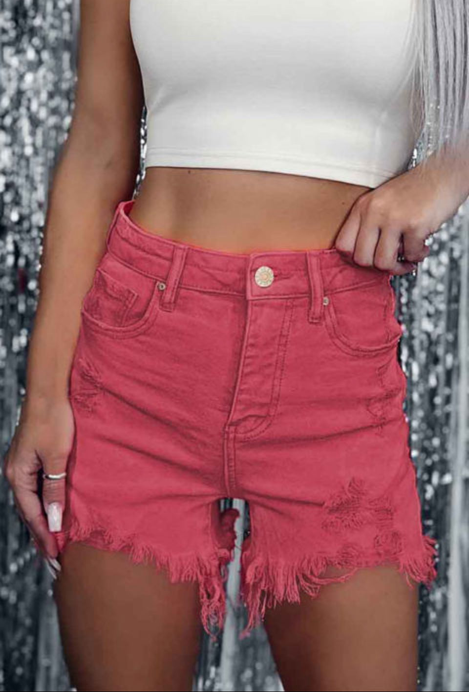 Red Distressed Cut-Off Shorts