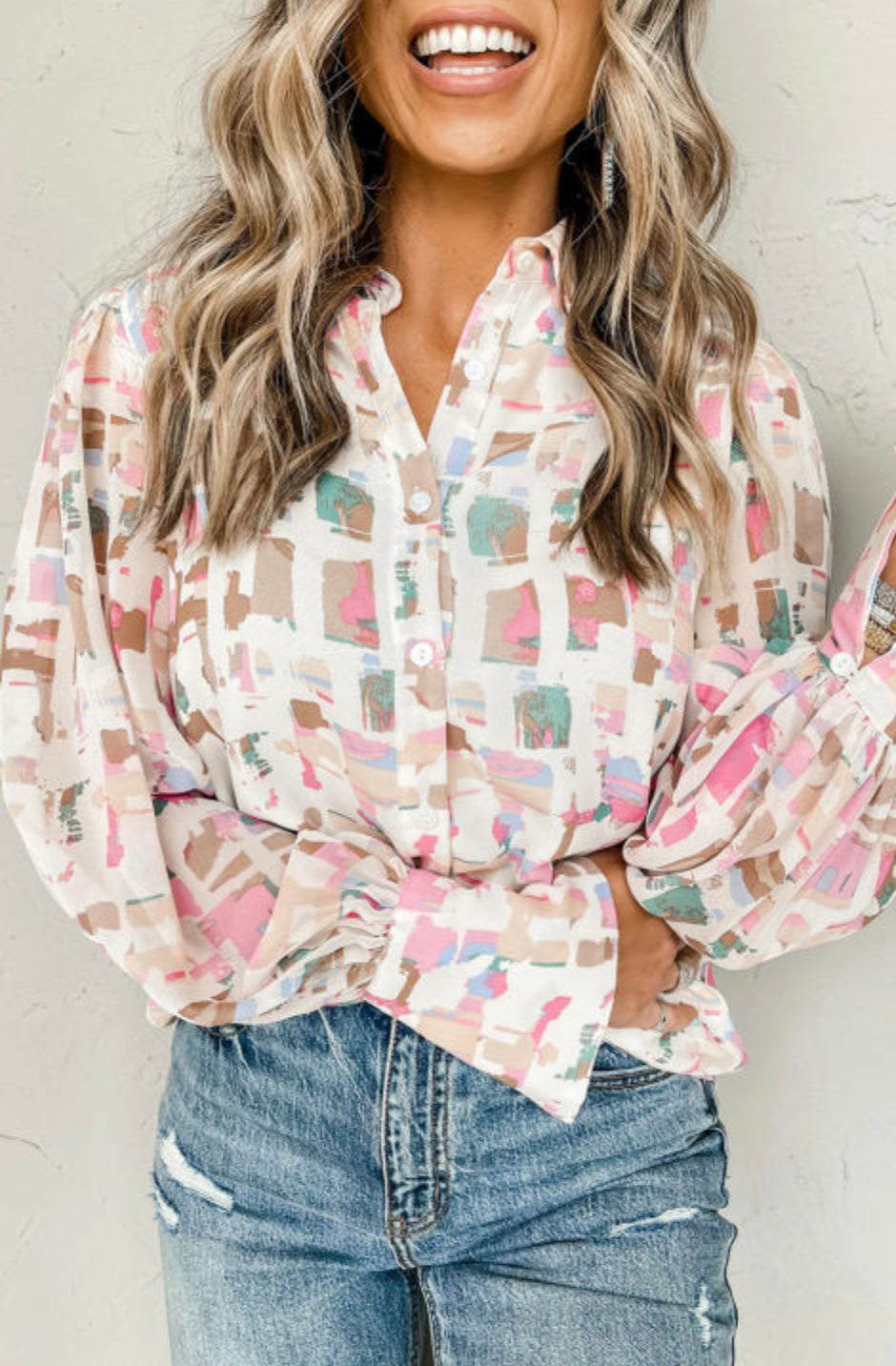 Abstract Print Lantern Sleeve Button Down Blouse