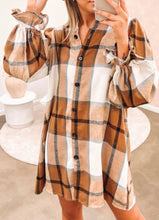 Load image into Gallery viewer, Khaki Plaid Ruffled Sleeve Shirt Dress
