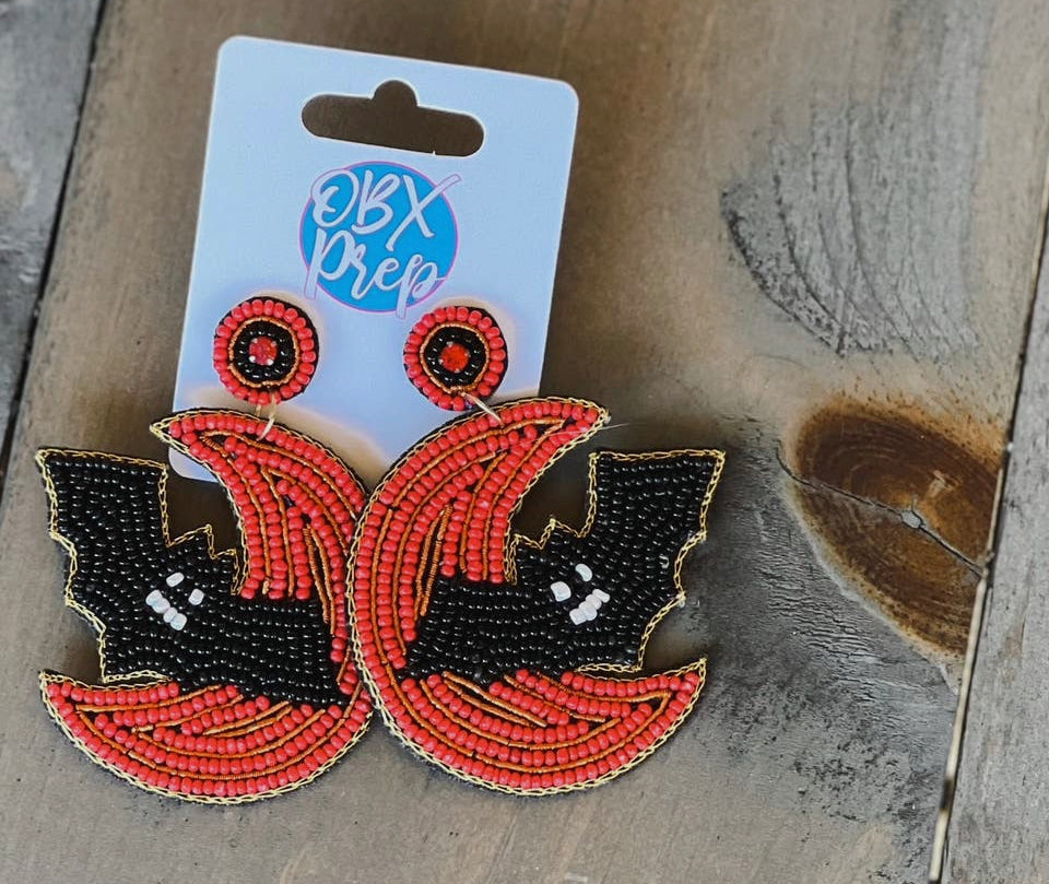 Bat & Moon Seed Bead Earrings