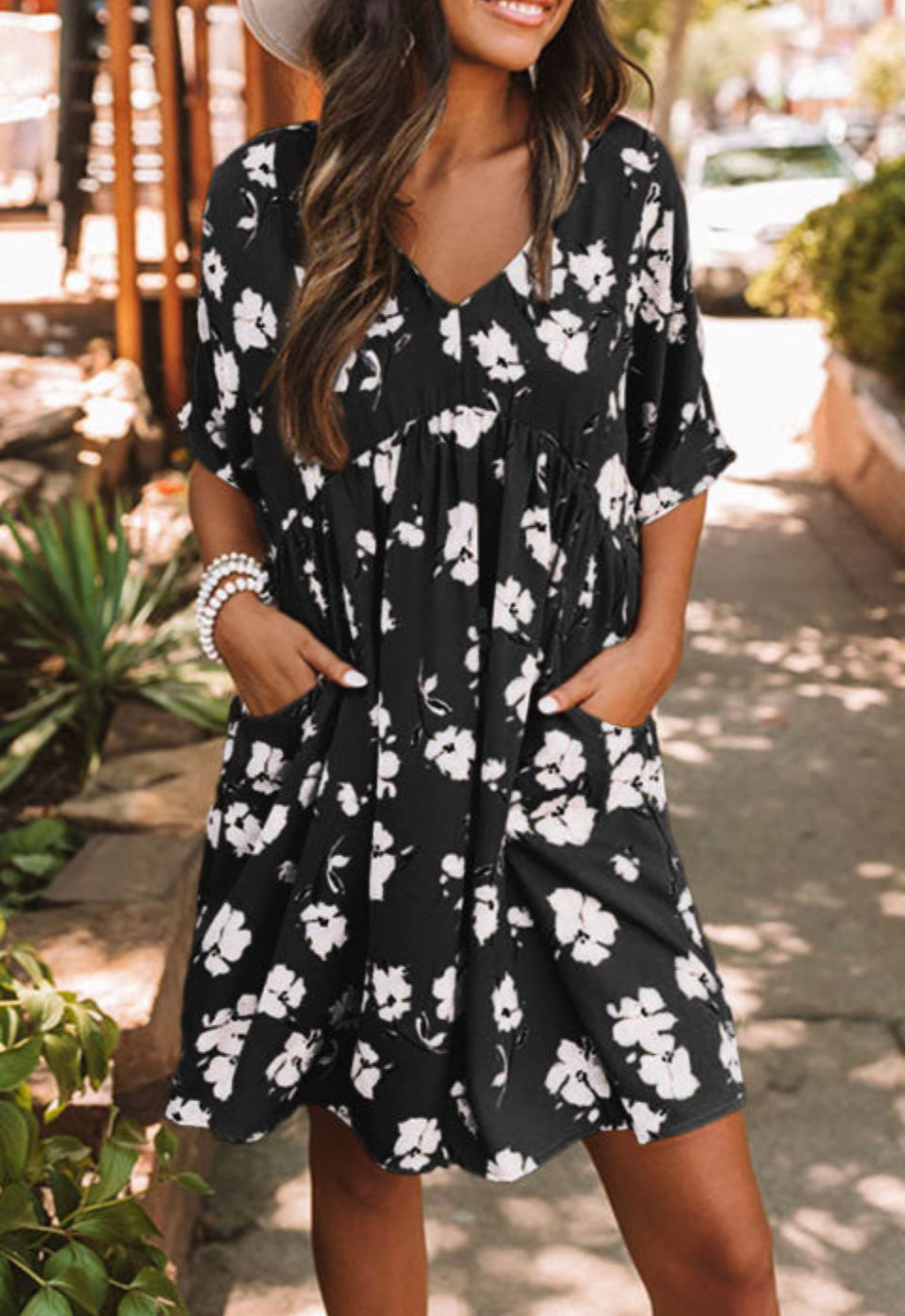 Floral Baby Doll Dress with Pockets